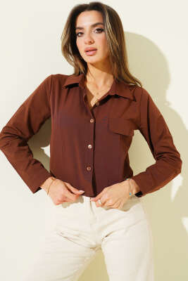 Göğüs Cep Kapaklı Kısa Gömlek Kahve - Kadın Giyim Modelleri