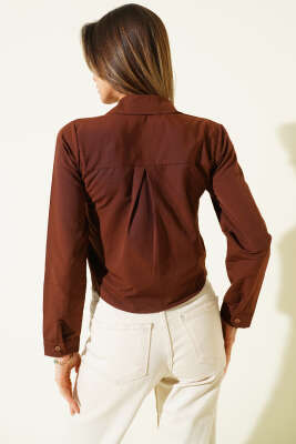 Göğüs Cep Kapaklı Kısa Gömlek Kahve - Kadın Giyim Modelleri
