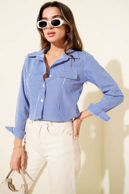 Göğüs Cep Kapaklı Kısa Gömlek Saks - Kadın Giyim Modelleri