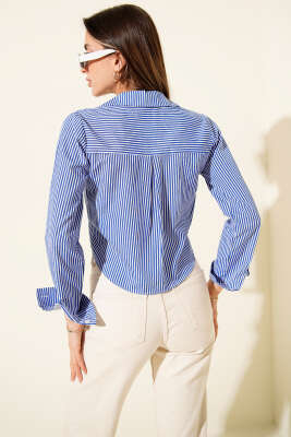 Göğüs Cep Kapaklı Kısa Gömlek Saks - Kadın Giyim Modelleri