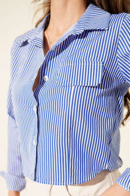 Göğüs Cep Kapaklı Kısa Gömlek Saks - Kadın Giyim Modelleri