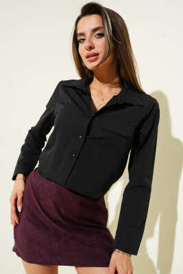 Göğüs Cep Kapaklı Kısa Gömlek Siyah 