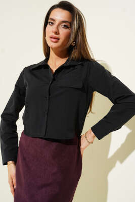 Göğüs Cep Kapaklı Kısa Gömlek Siyah - Kadın Giyim Modelleri