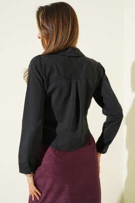 Göğüs Cep Kapaklı Kısa Gömlek Siyah - Kadın Giyim Modelleri