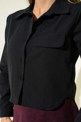 Göğüs Cep Kapaklı Kısa Gömlek Siyah - Kadın Giyim Modelleri