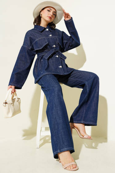 Göğüs Cep Kapaklı Kuşaklı Kot İkili Takım Lacivert - İkili Takım