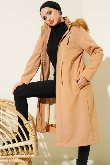 Göğüs Cepli Bel Tünelli Kaban Camel - Kaban