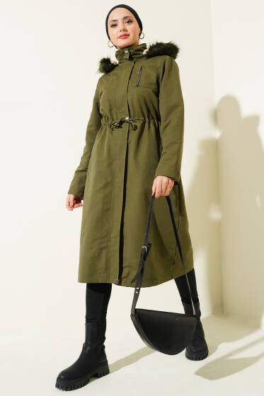 Göğüs Cepli Bel Tünelli Kaban Haki - Kaban