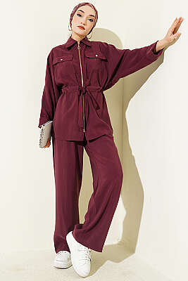 Göğüs Cepli Bel Tünelli Modal Takım Bordo - VAV TEKSTİL