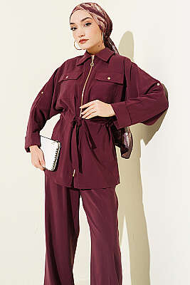 Göğüs Cepli Bel Tünelli Modal Takım Bordo - İkili Takım
