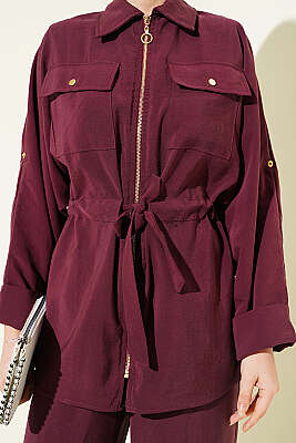 Göğüs Cepli Bel Tünelli Modal Takım Bordo - İkili Takım