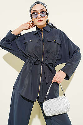 Göğüs Cepli Bel Tünelli Modal Takım Füme - İkili Takım