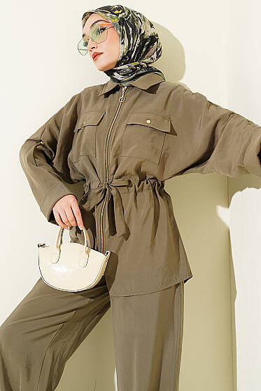 Göğüs Cepli Bel Tünelli Modal Takım Haki - İkili Takım