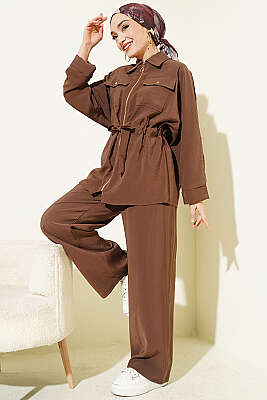 Göğüs Cepli Bel Tünelli Modal Takım Kahve - İkili Takım