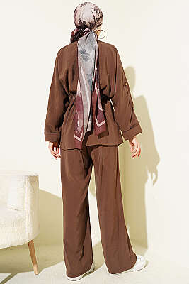 Göğüs Cepli Bel Tünelli Modal Takım Kahve - İkili Takım