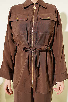 Göğüs Cepli Bel Tünelli Modal Takım Kahve - İkili Takım