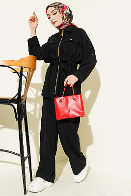 Göğüs Cepli Bel Tünelli Modal Takım Siyah - VAV TEKSTİL