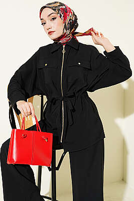 Göğüs Cepli Bel Tünelli Modal Takım Siyah - İkili Takım