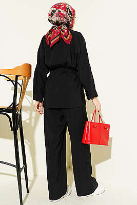 Göğüs Cepli Bel Tünelli Modal Takım Siyah - İkili Takım