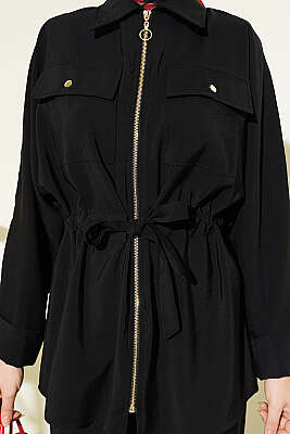 Göğüs Cepli Bel Tünelli Modal Takım Siyah - İkili Takım