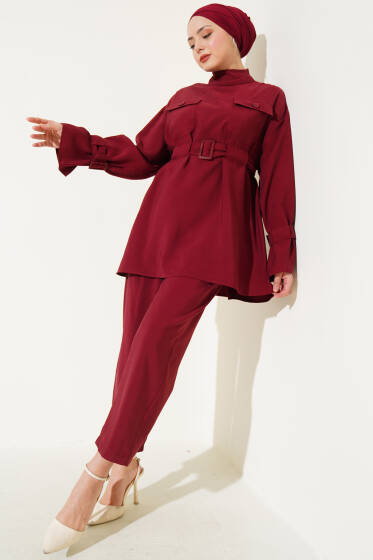 Göğüs Cepli Bileği Kemerli İkili Takım Bordo - İkili Takım