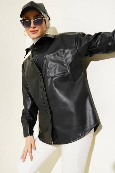 Göğüs Cepli Çıtçıt Düğmeli Deri Gömlek Siyah - Gömlek