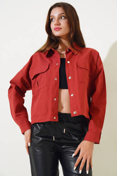 Göğüs Cepli Çıtçıtlı Gabardin Ceket Alizarin - Yeni Giyim