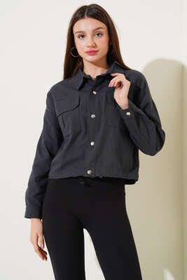 Göğüs Cepli Çıtçıtlı Gabardin Ceket Füme - Kadın Giyim Modelleri