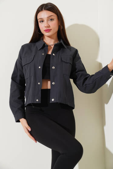 Göğüs Cepli Çıtçıtlı Gabardin Ceket Füme - Yeni Giyim