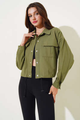 Göğüs Cepli Çıtçıtlı Gabardin Ceket Haki - Kadın Giyim Modelleri