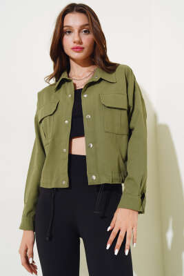 Göğüs Cepli Çıtçıtlı Gabardin Ceket Haki - Kadın Giyim Modelleri