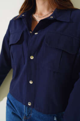 Göğüs Cepli Çıtçıtlı Gabardin Ceket Lacivert - Kadın Giyim Modelleri