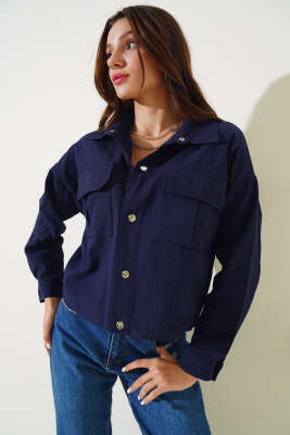 Göğüs Cepli Çıtçıtlı Gabardin Ceket Lacivert 