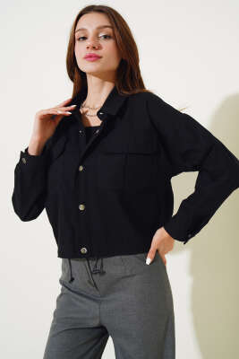 Göğüs Cepli Çıtçıtlı Gabardin Ceket Siyah - Kadın Giyim Modelleri