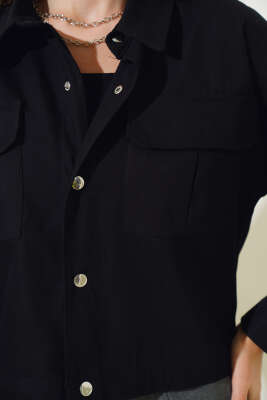 Göğüs Cepli Çıtçıtlı Gabardin Ceket Siyah - Kadın Giyim Modelleri