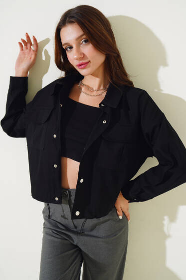 Göğüs Cepli Çıtçıtlı Gabardin Ceket Siyah - Yeni Giyim