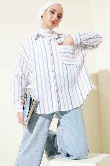 Göğüs Cepli Çizgili Salaş Keten Gömlek İndigo - Gömlek