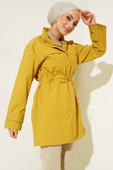 Göğüs Cepli Dik Yaka Yağmurluk Yağ Yeşil - Yağmurluk