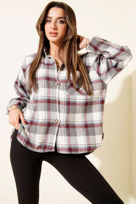 Göğüs Cepli Ekoseli Oduncu Gömlek Gri - Kadın Giyim Modelleri