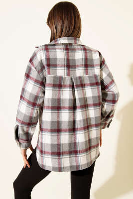 Göğüs Cepli Ekoseli Oduncu Gömlek Gri - Kadın Giyim Modelleri