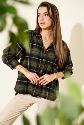 Göğüs Cepli Ekoseli Oduncu Gömlek Haki - Kadın Giyim Modelleri