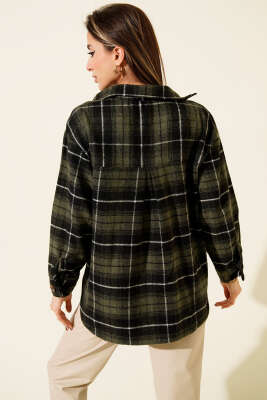 Göğüs Cepli Ekoseli Oduncu Gömlek Haki - Kadın Giyim Modelleri