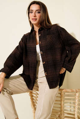 Göğüs Cepli Ekoseli Oduncu Gömlek Kahve - Kadın Giyim Modelleri