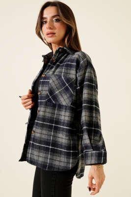 Göğüs Cepli Ekoseli Oduncu Gömlek Lacivert - Kadın Giyim Modelleri