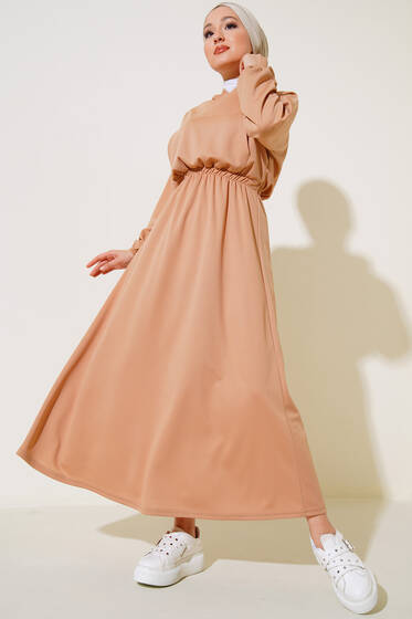 Göğüs Cepli Elbise Bej - Tesettür Elbise