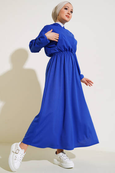 Göğüs Cepli Elbise Saks - Tesettür Elbise