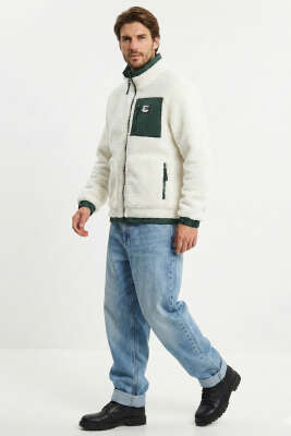 Göğüs Cepli Fermuarlı Peluş Erkek Mont Beyaz - Erkek Mont