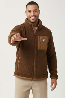 Göğüs Cepli Fermuarlı Peluş Erkek Mont Kahve - GAVAZZİ