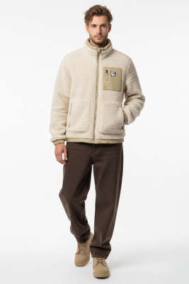 Göğüs Cepli Fermuarlı Peluş Erkek Mont Krem - Erkek Mont