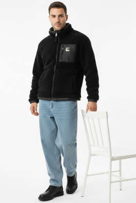 Göğüs Cepli Fermuarlı Peluş Erkek Mont Siyah - Erkek Mont